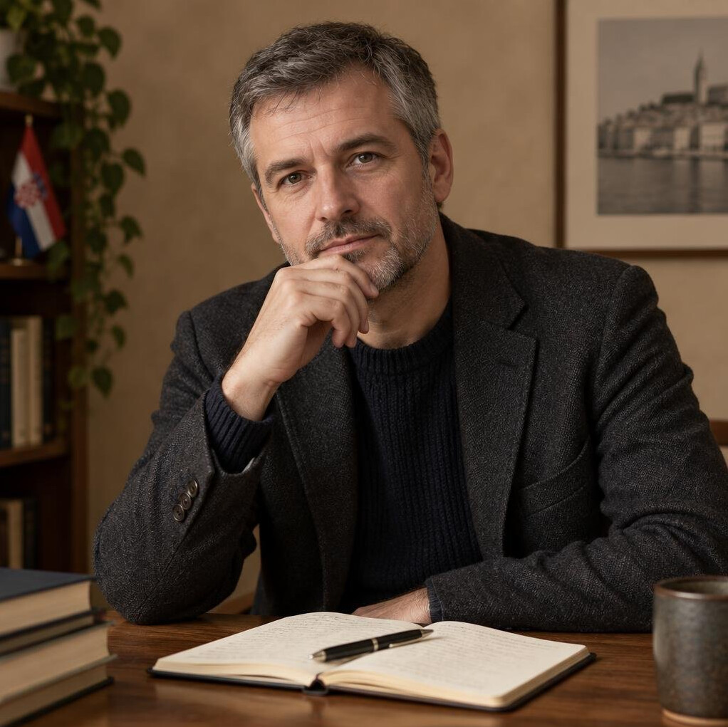 Portrait of a middle-aged Croatian male author sitting at his writing desk