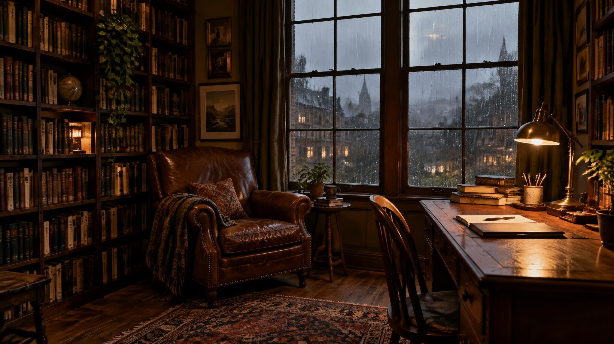 Cozy writer's study with bookshelves, armchair and warm lamp light