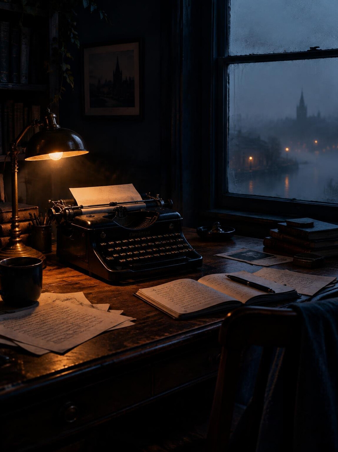 Writer's desk with typewriter and lamp in foggy evening light