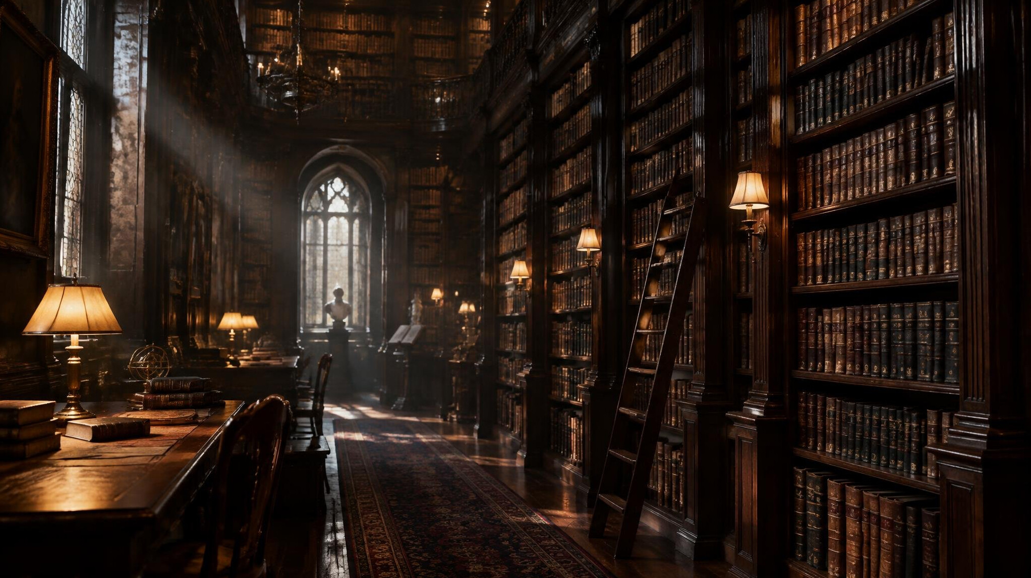 Tall wooden bookshelves in a dim old library filled with leather-bound books