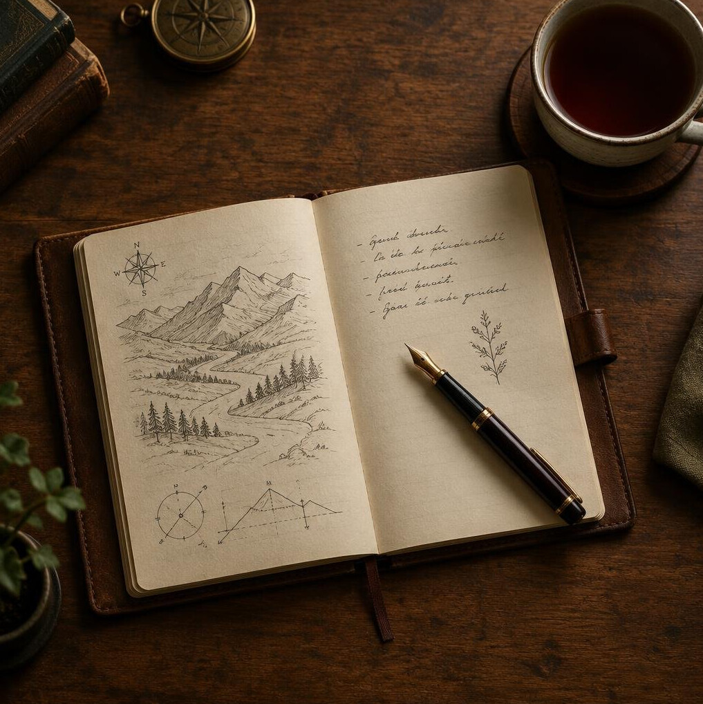Open leather notebook with handwritten notes and a fountain pen