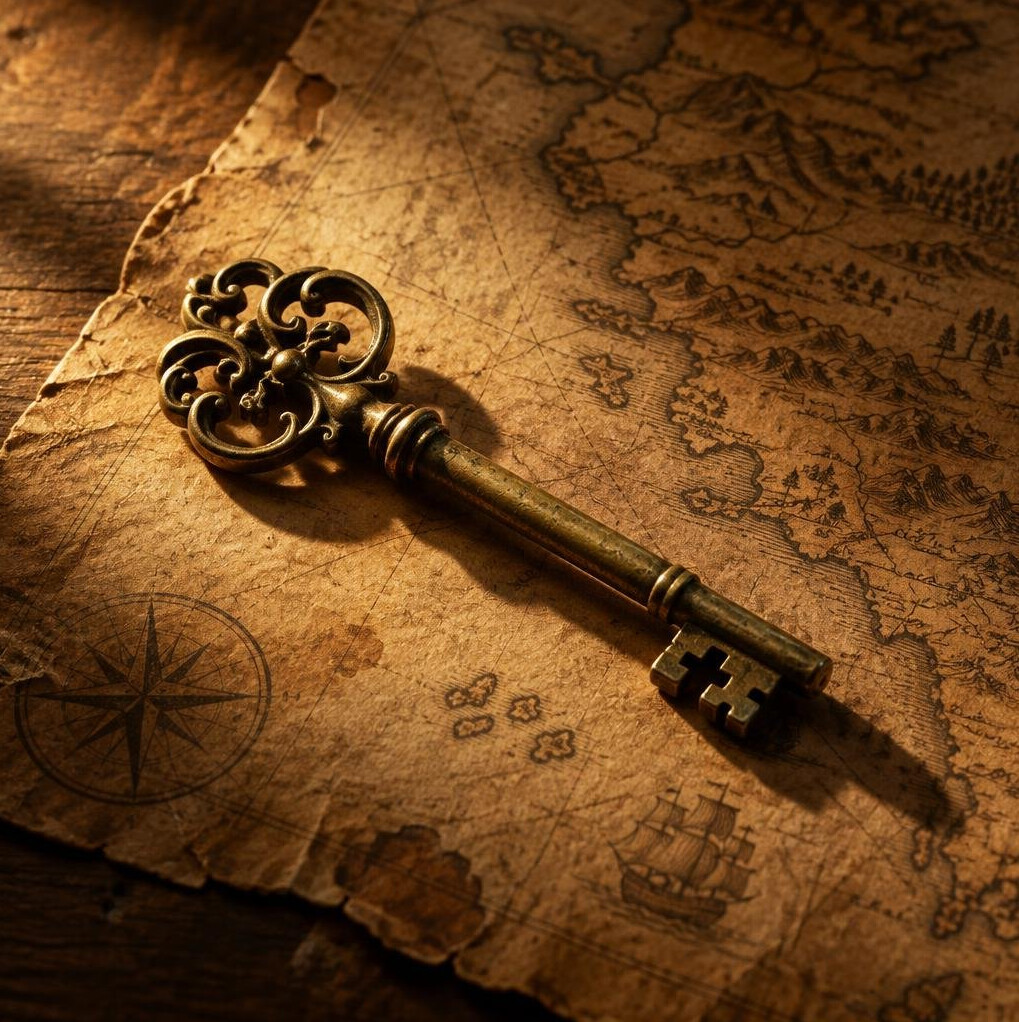 Antique brass key resting on an old map