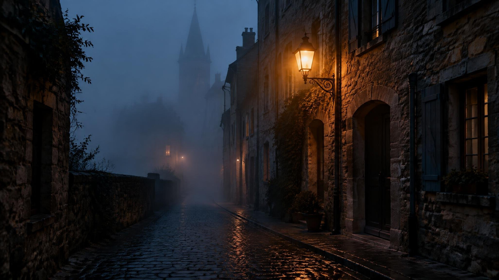 Empty cobblestone street covered in evening fog with a single streetlamp