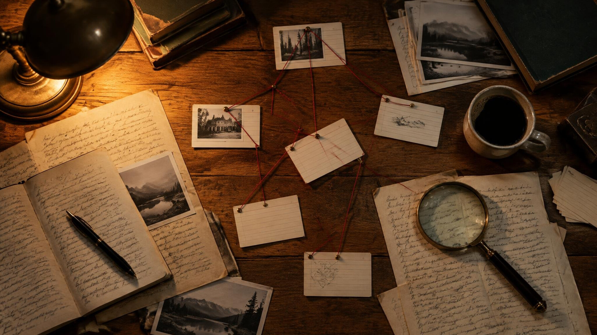 Handwritten manuscript pages scattered across a wooden desk with red string connecting notes