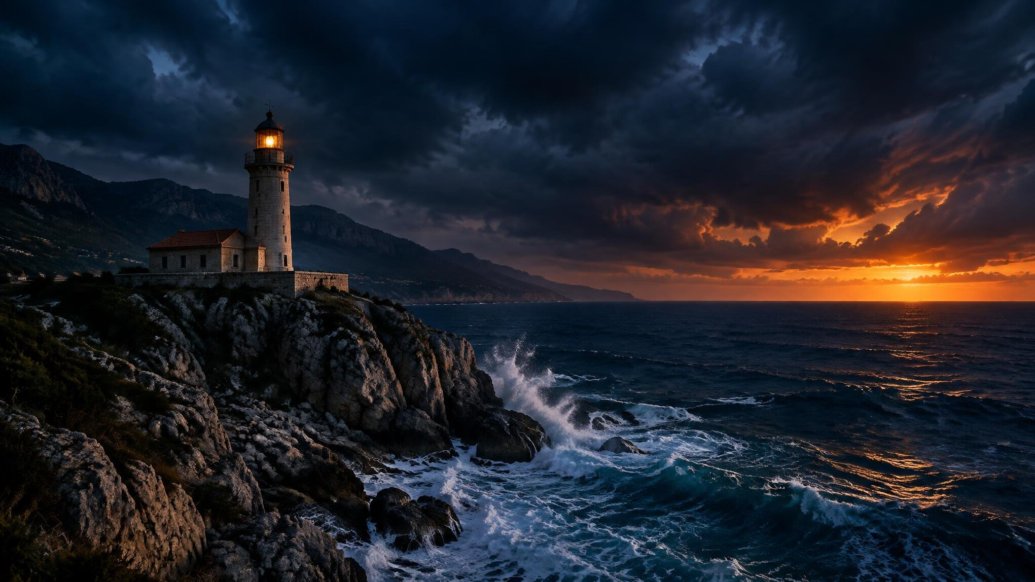 Lonely lighthouse on a rocky coast at dusk under stormy sky