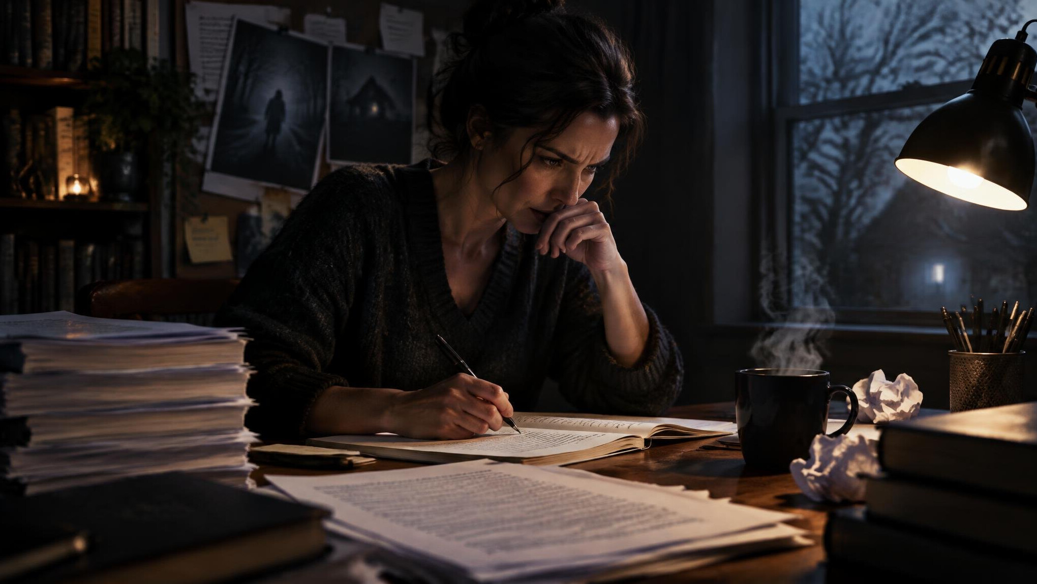 mystery writer at desk